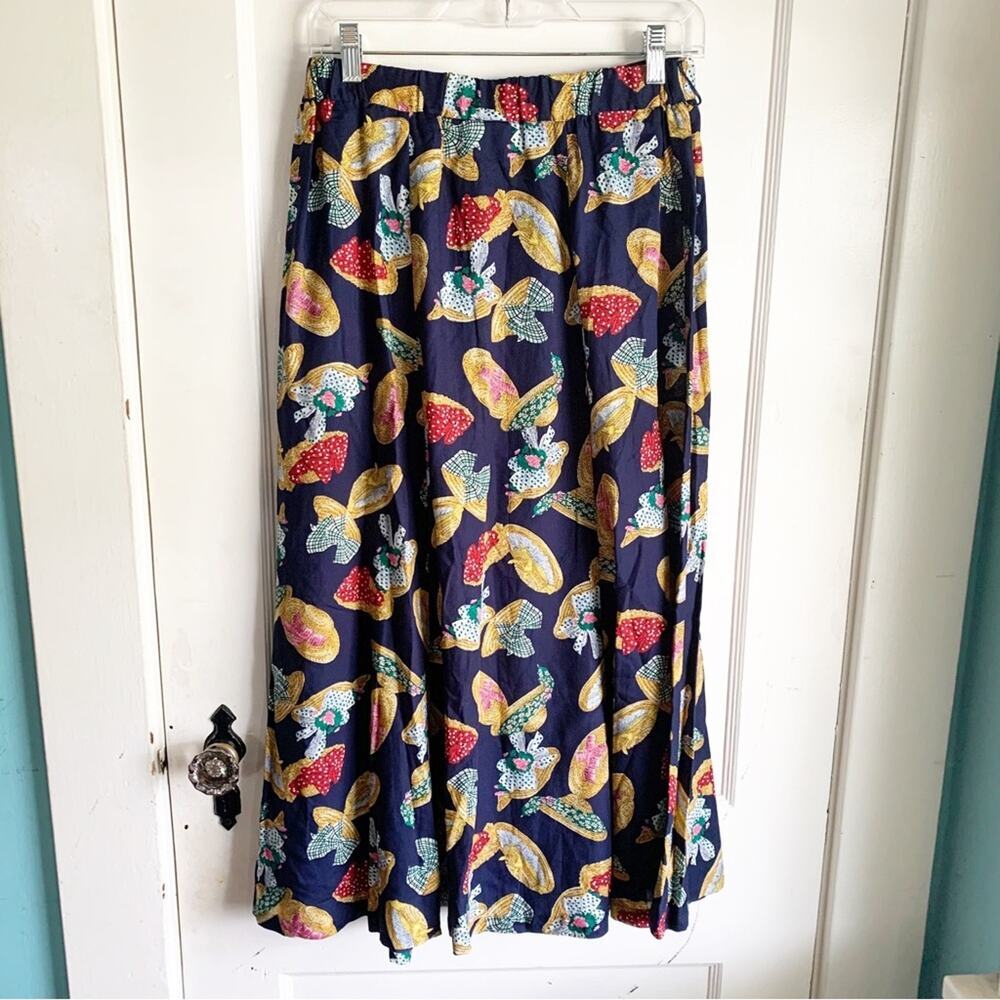 Vintage Susan Bristol Navy Straw Hat Print Pleated Midi Skirt Grandmacore 12 - Picture 9 of 9
